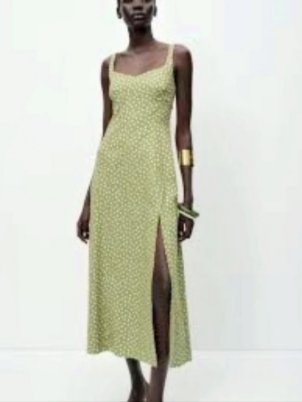 ZARA Polka Dot Linen Blend Midi Dress Green